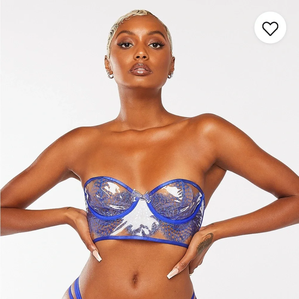 (XS) Savage x Fenty Lace & Vinyl Bustier Bra Extra Small Clear Metallic Blue - Picture 8 of 14